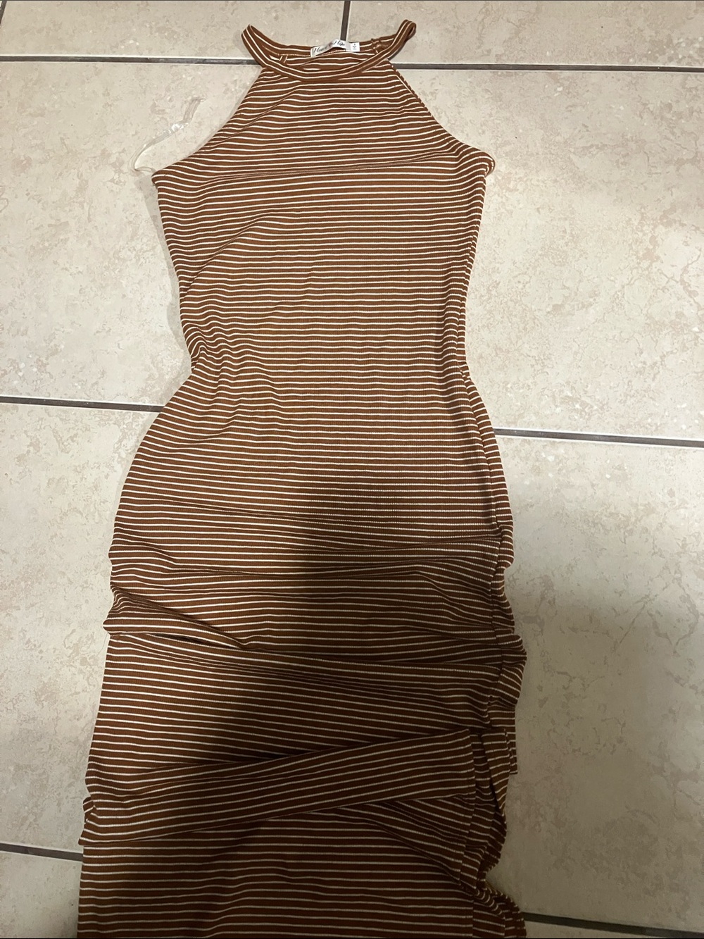 Heart Hips Striped Halter Maxi Dress in Brown and Cream